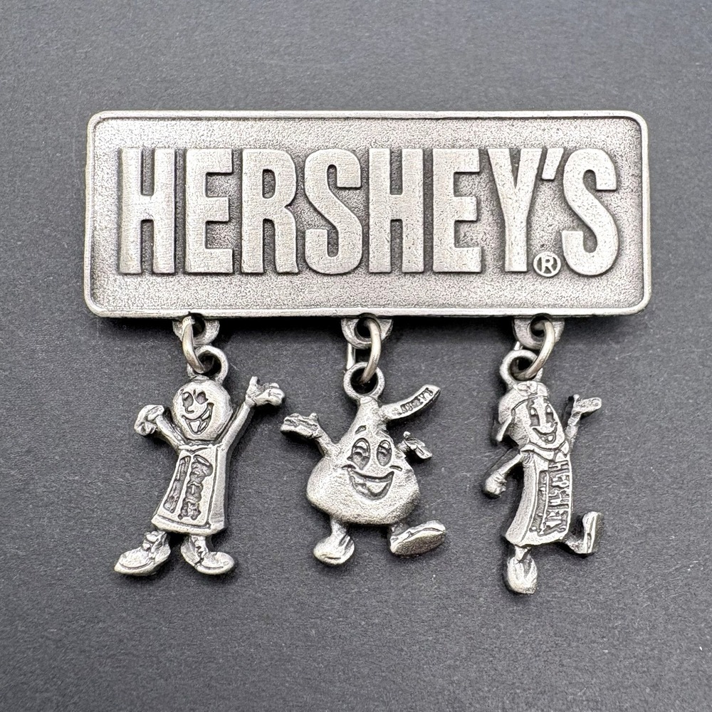 Vintage Hershey's Pewter Brooch Reese's Kiss Chocolate Bar Dangling Charms 2004